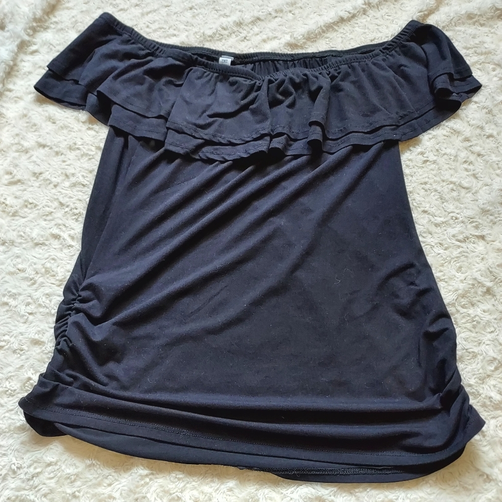 Haute Fox Black ruched ruffled neck top 1X Fun Flirty Neutral Comfy